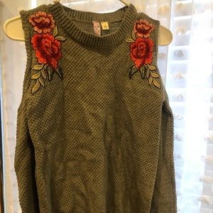 Francesca’s Open Shoulder Sweater. Rose Embroidery. Size S.